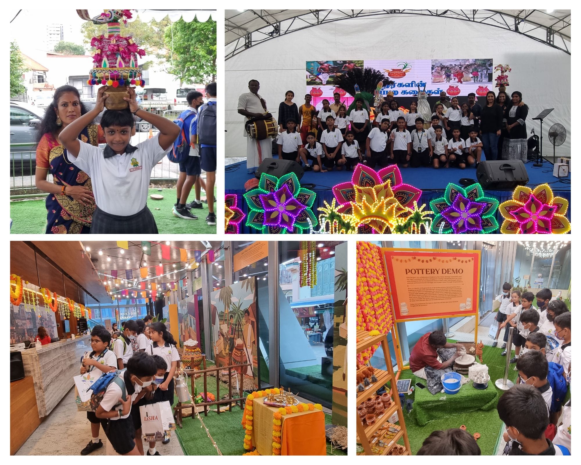 Four scenes from a cultural festival showing children in uniform, a pottery demo, lit floral decorations, and a boy balancing a decorated pot.
